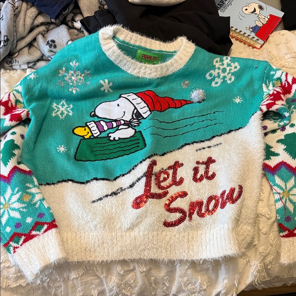 Peanuts Snoopy Let It Snow Sweater - Teal, White, Red